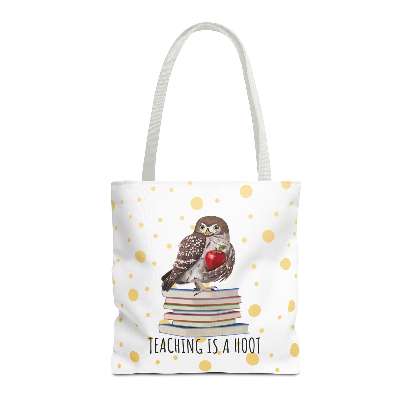 Cute Owl & Books Teacher Tote Bag – Teaching is a Hoot – Gold Polka Dot Aesthetic