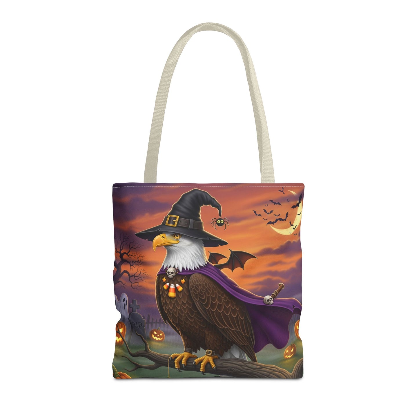 Halloween Bald Eagle Tote Bag: Purple Cape & Witch Hat | 16"x16" Polyester | Bird Decor Accessory