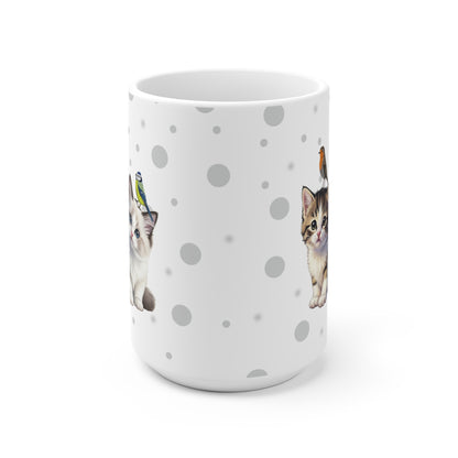 Katzenbabys Kätzchen Tasse mit Rotkehlchen und Blaumeise Tiermotiv Punkte Grau