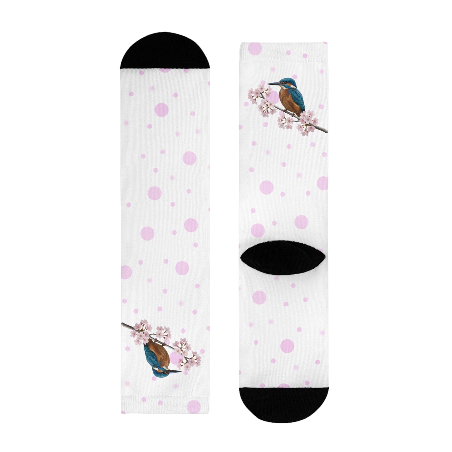 Eisvogel Socken mit Kirschblüten | Weiß Rosa gepunktete Vogelmotiv Strümpfe