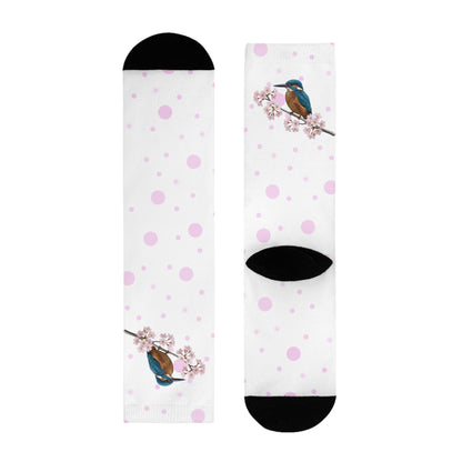 Eisvogel Socken mit Kirschblüten | Weiß Rosa gepunktete Vogelmotiv Strümpfe