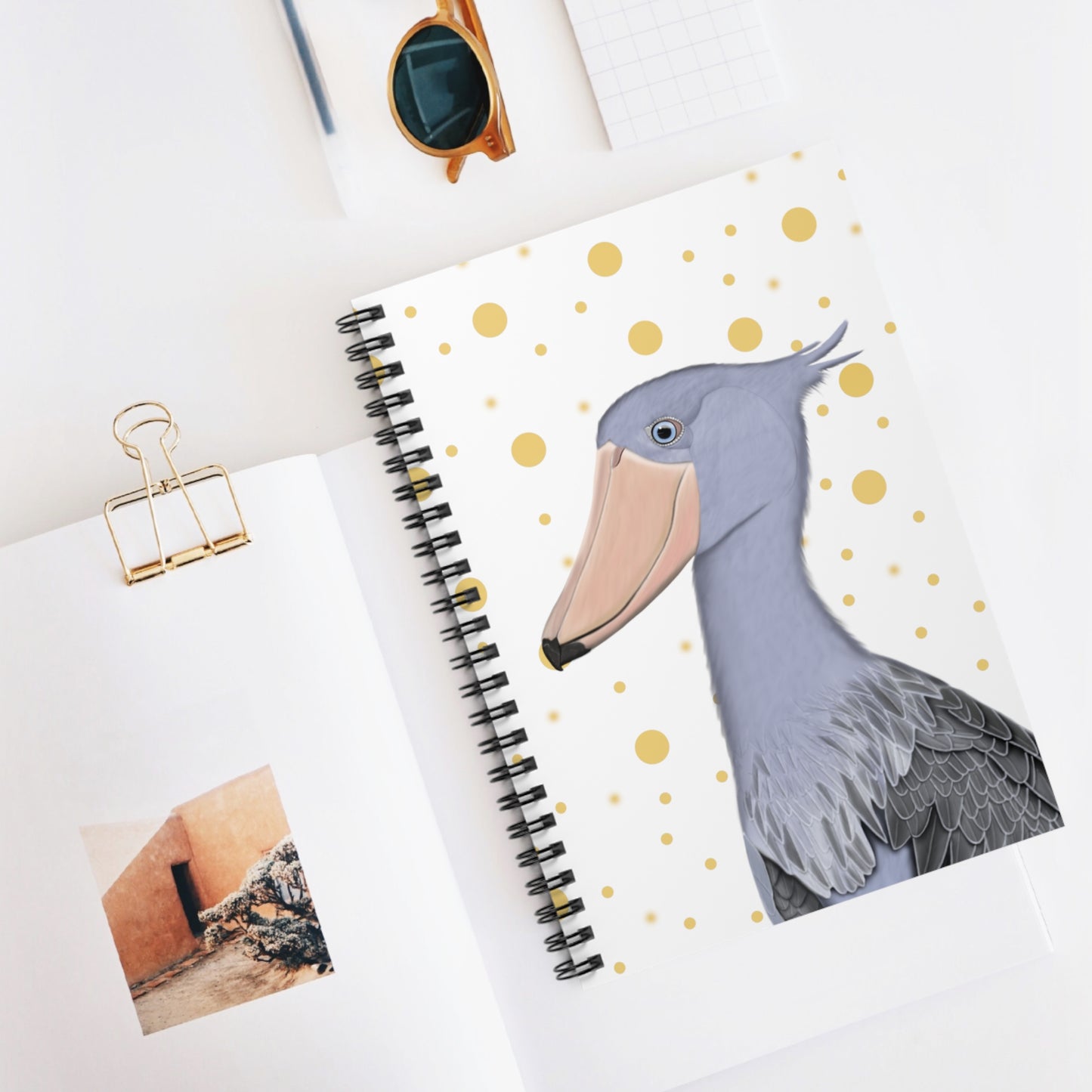 Shoebill Bird Birdlover Spiral Notebook White Golden Dots Ruled Line 6"x8"