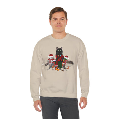 Robin Mallard Oriole Owl with Cat in a Box and Fairy Lights Birdwatcher Christmas Bird Sweatshirt