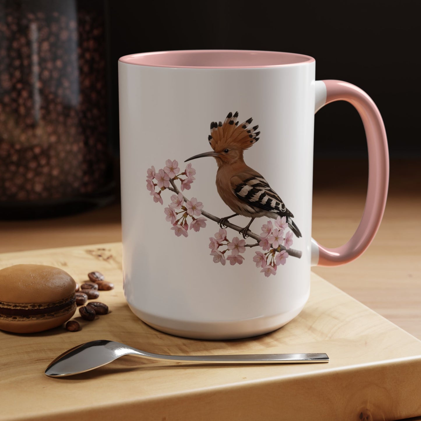 Hoopoe Cherry Blossom Mug | Pink Ceramic Coffee Cup for Bird Lovers