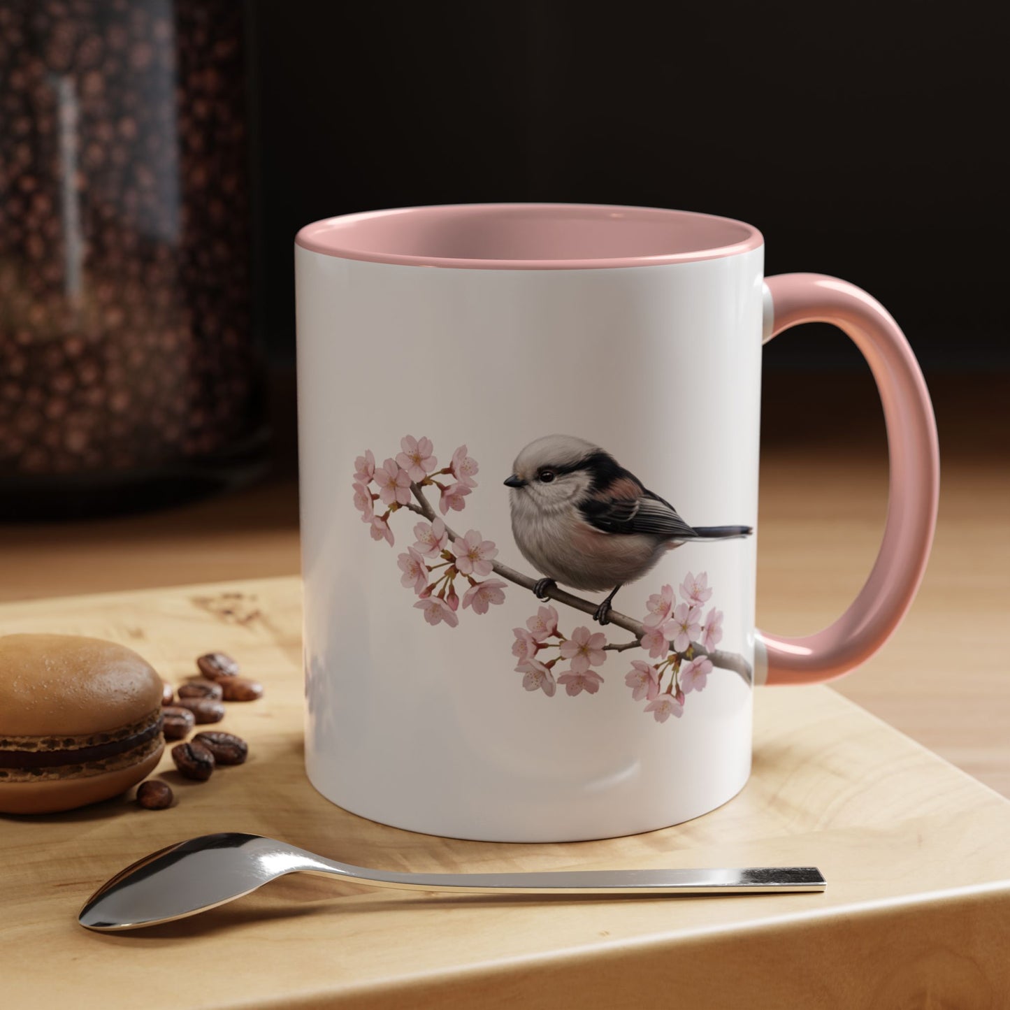 Long Tailed Titmouse Cherry Blossom Mug | Pink Ceramic Coffee Cup for Bird Lovers on 11oz background