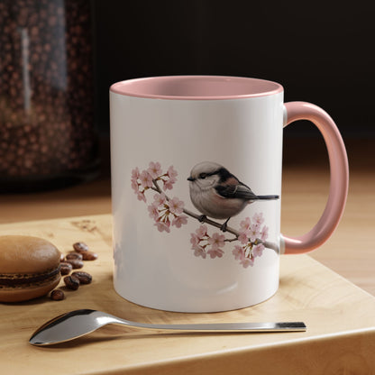 Long Tailed Titmouse Cherry Blossom Mug | Pink Ceramic Coffee Cup for Bird Lovers on 11oz background
