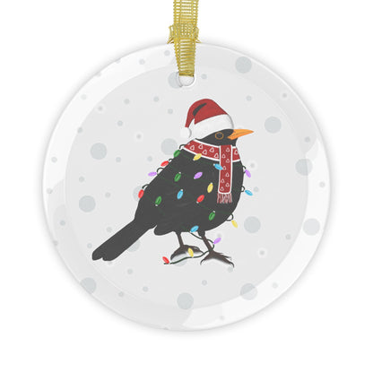 Blackbird as Santa Claus with Fairy Lights Christmas Glass Ornament