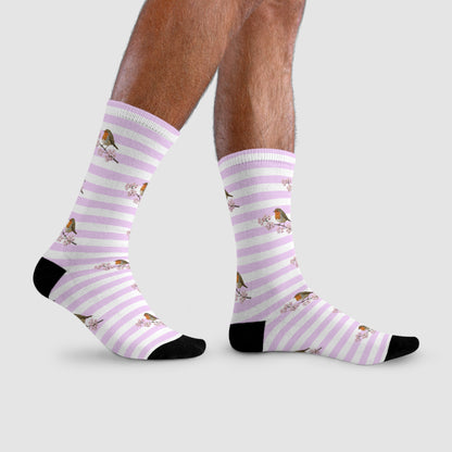 Chaussettes Rouge-Gorge avec fleurs de cerisier | Chaussettes rayées blanc et rose avec des motifs d'oiseaux