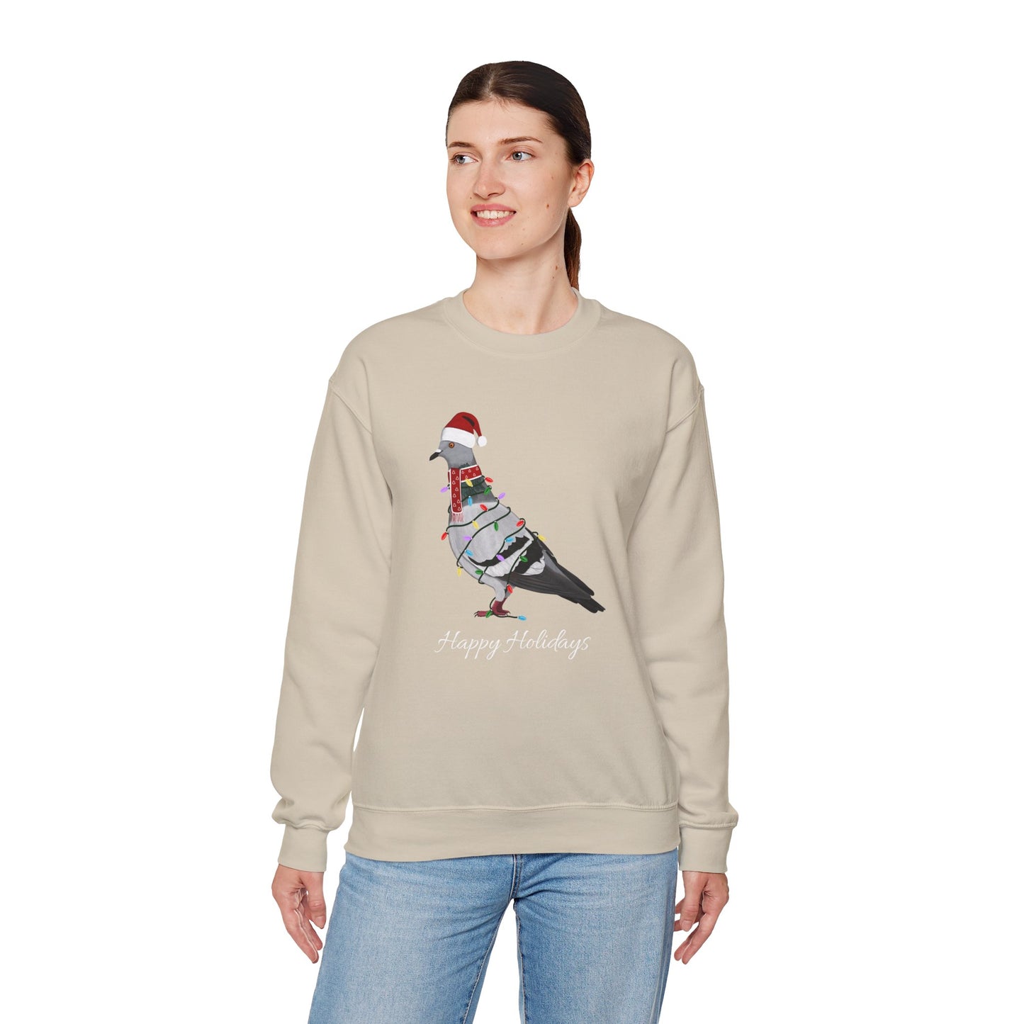 Pigeon with Fairy Lights as Santa Happy Holidays Birdwatcher Christmas Bird Sweatshirt