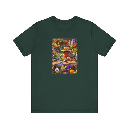 Niedliches Rotkehlchen T-Shirt beim Blumen gießen | Gemütliches Garten-Motiv