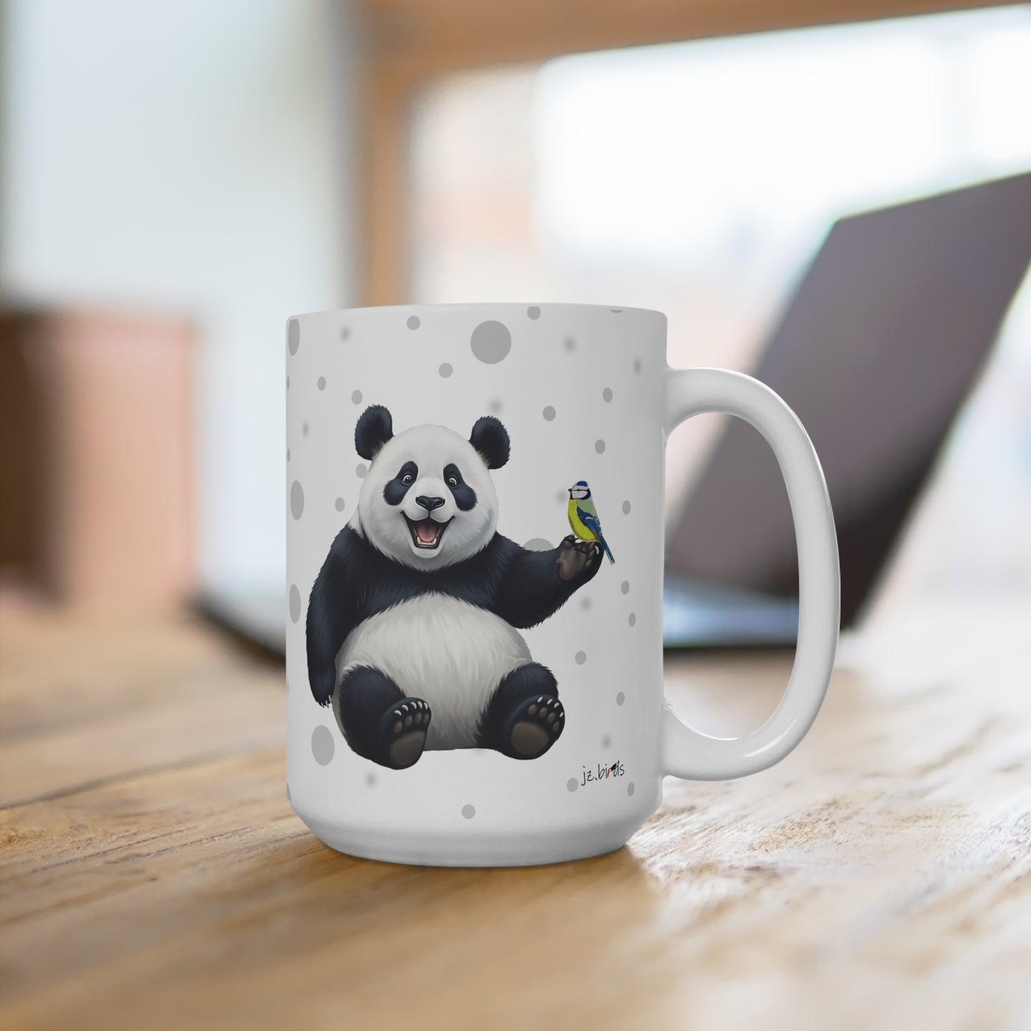 Blaumeise mit einem fröhlichen Panda Vogel Tiermotiv Tasse Punkte Grau