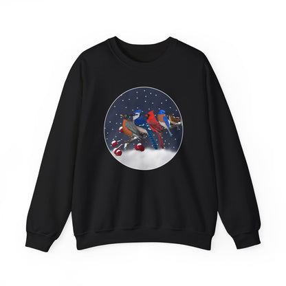 Blue Jay Robin Cardinal Bluebird Wren on a Winter Branch Christmas Bird Sweatshirt