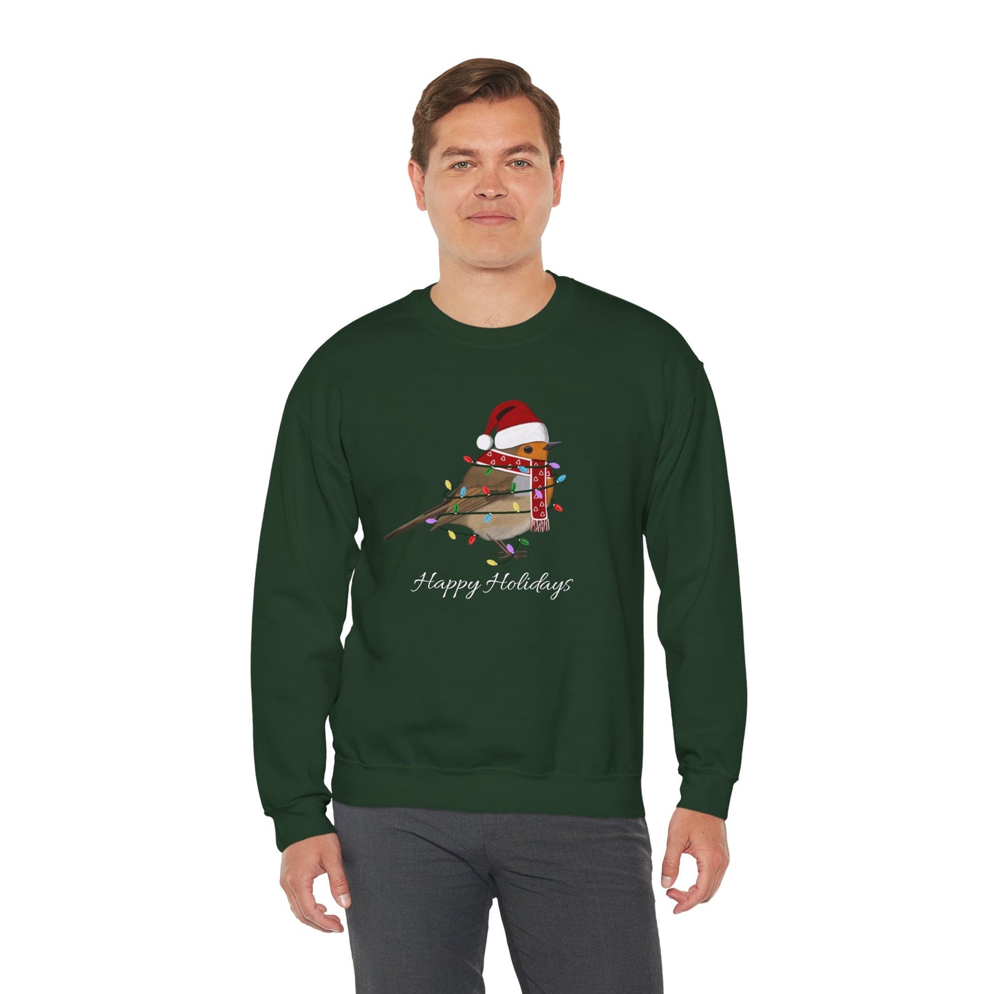 European Robin with Fairy Lights as Santa Happy Holidays Birdwatcher Christmas Bird Sweatshirt