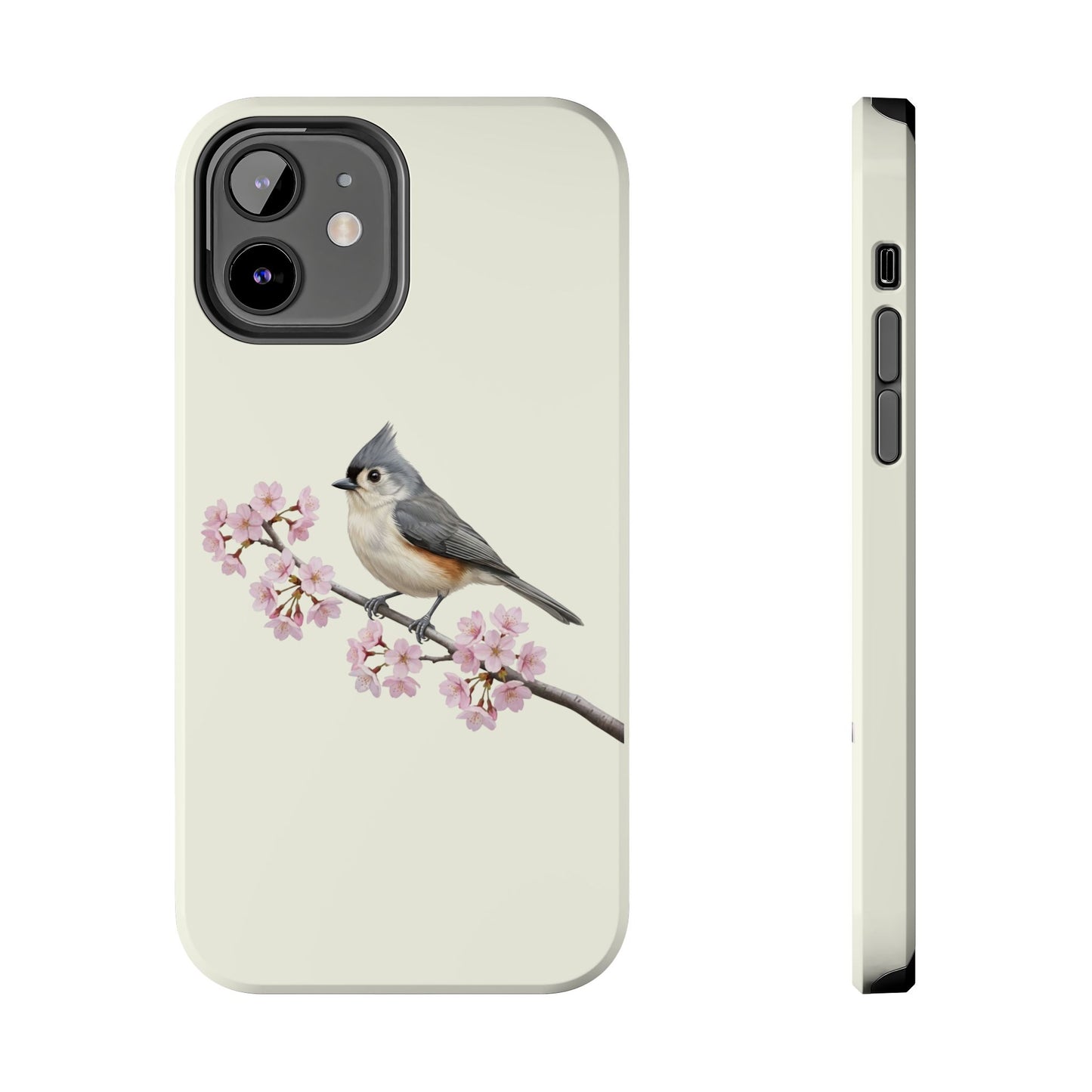 Tufted Titmouse & Cherry Blossom Tough iPhone Case Creamy White – animal lover, Phone