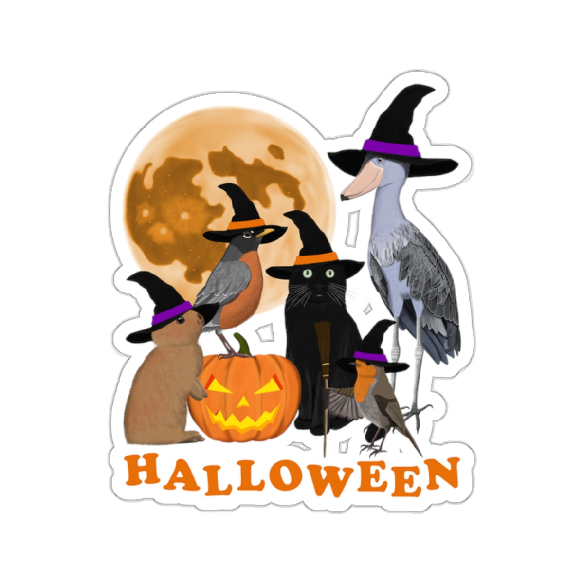 Robin Shoebill with Cat and Bunny Halloween Bird Sticker