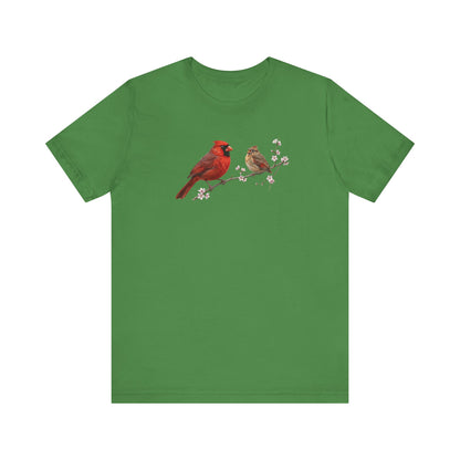 Northern Cardinal & Fledgling T-Shirt | Spring Blossoms Unisex Graphic Tee