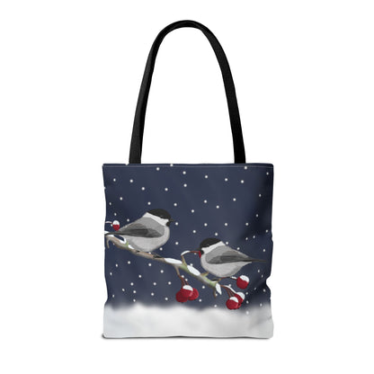 Willow Titmice on a Winter Branch Christmas Bird Tote Bag 16"x16"