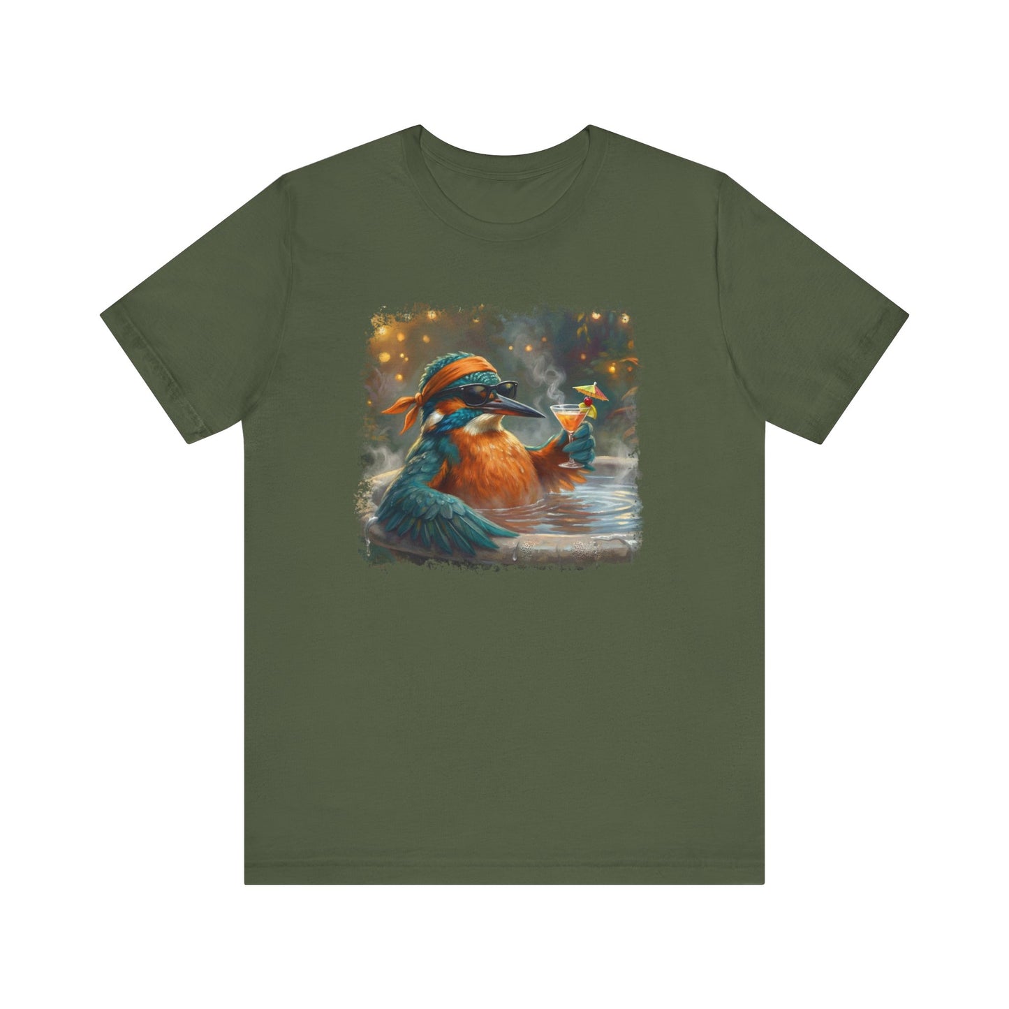 Funny Kingfisher T-Shirt | Bird with Sunglasses & Drink | Unisex Summer Tee