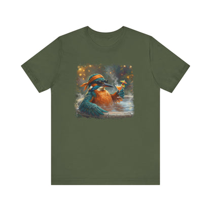 Funny Kingfisher T-Shirt | Bird with Sunglasses & Drink | Unisex Summer Tee