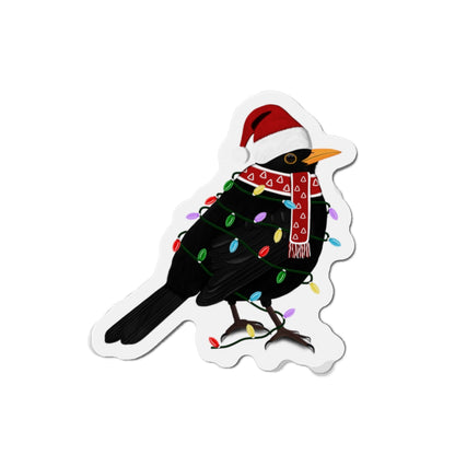 Blackbird with Fairy Lights and Scarf Christmas Bird Magnet