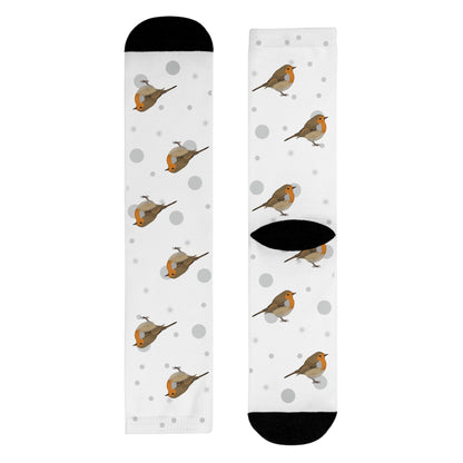 Rotkehlchen Socken Vogelsocken Weiß mit Grauen Punkten
