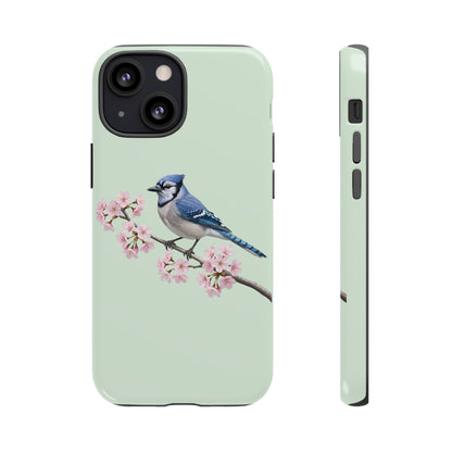 Blauhäher Handyhülle in Salbeigrün | Florales Kirschblüten Vogel-Motiv für iPhone & Google Pixel