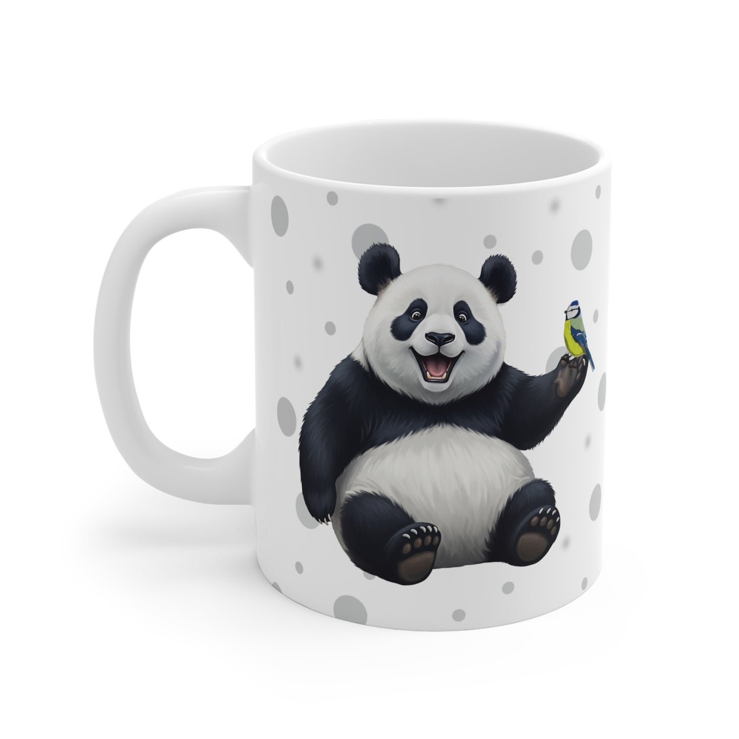 Blaumeise mit einem fröhlichen Panda Vogel Tiermotiv Tasse Punkte Grau