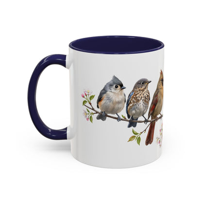 Blue Jay Cardinal Bluebird Little Owl Fledglings Two-Tone Mug | Spring Bird Lover Gift