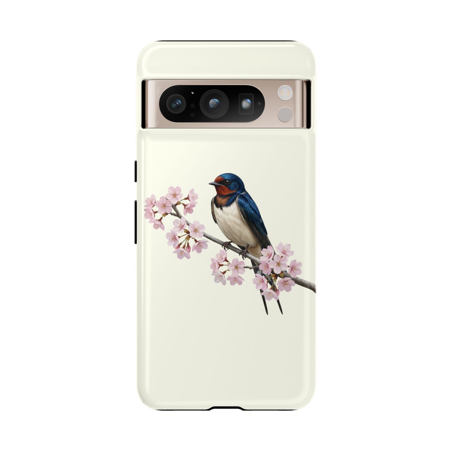Rauchschwalbe Handyhülle in Cremeweiß | Florales Kirschblüten Vogel-Motiv für iPhone & Google Pixel