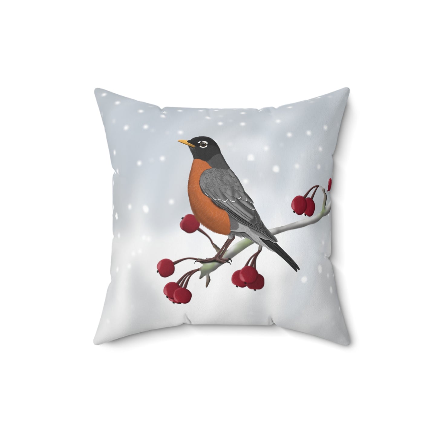 Robin on a Winter Branch Christmas Bird Throw Pillow 16"x16"