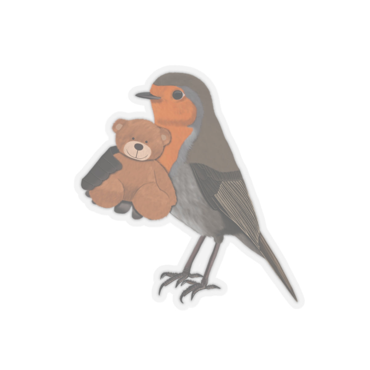 Robin Bird with Teddy Bear Kiss-Cut Sticker