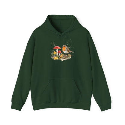 Rotkehlchen Herbst-Hoodie – Kuscheliger Kapuzenpullover mit Laub & Fliegenpilzen