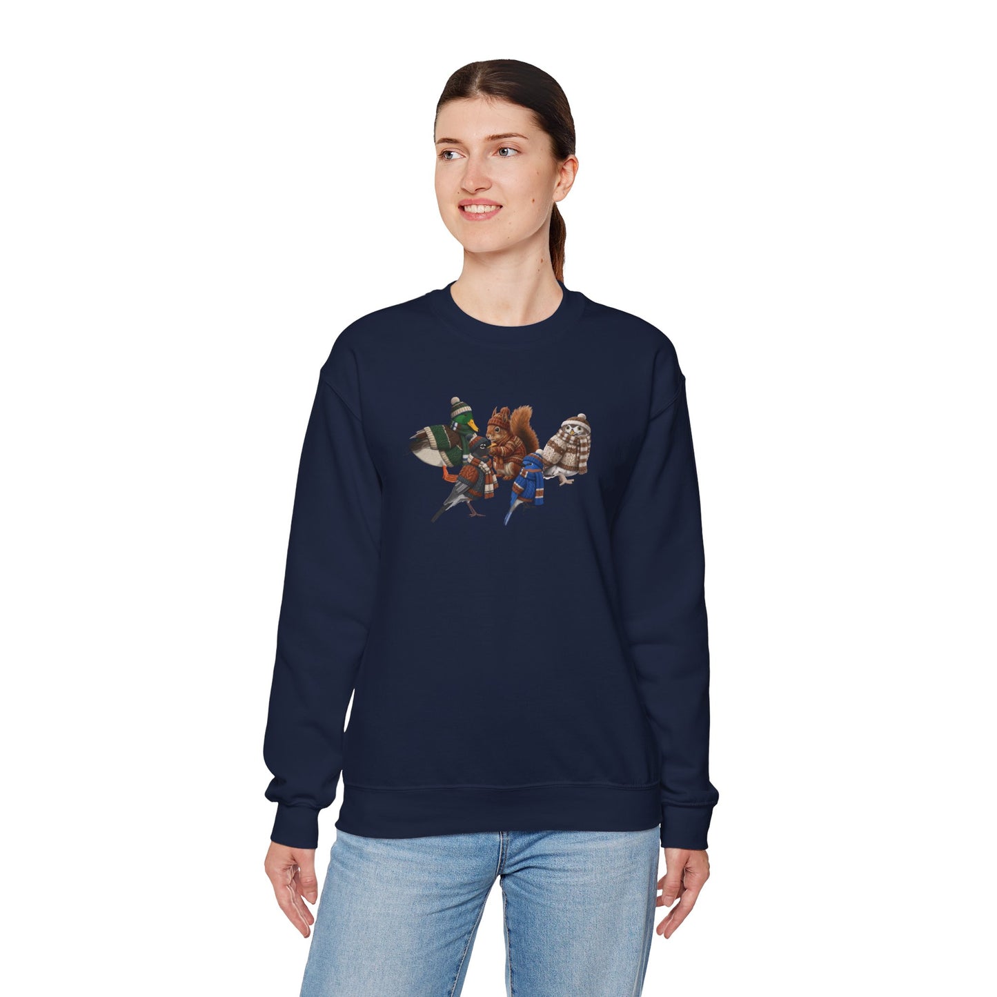 Cozy Winter Crewneck: Backyard Birds & Squirrel in Knitwear