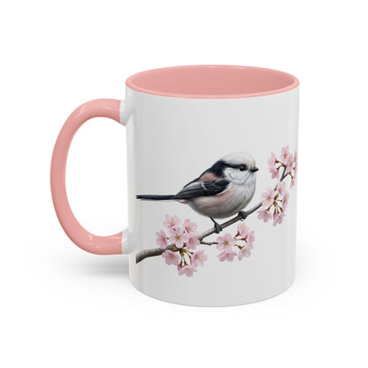 Schwanzmeise Tasse mit Kirschblüten | Rosa Keramiktasse für Vogelfreunde
