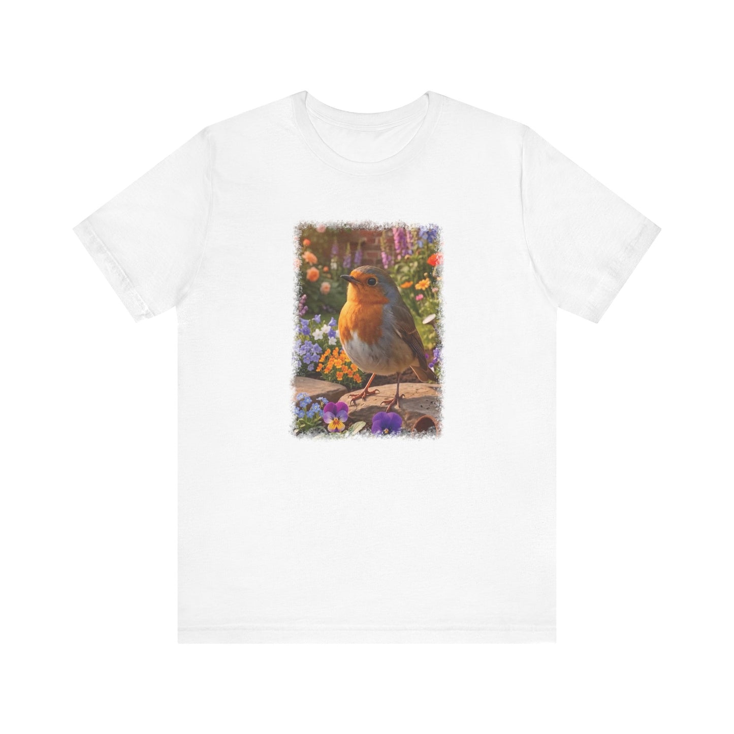 Robin Rosi in the Flower Bed T-Shirt - Cozy Backyard Birding Apparel