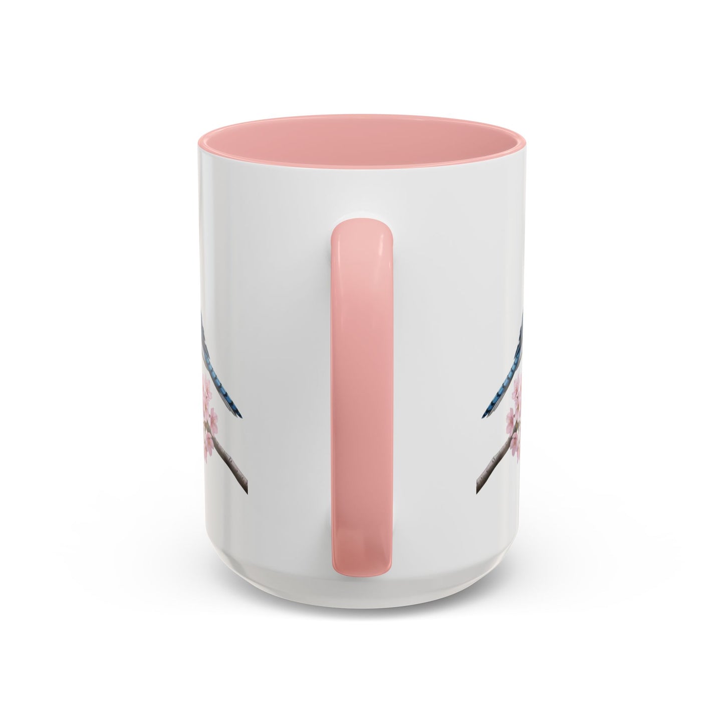 Blue Jay Cherry Blossom Mug | Pink Ceramic Coffee Cup for Bird Lovers