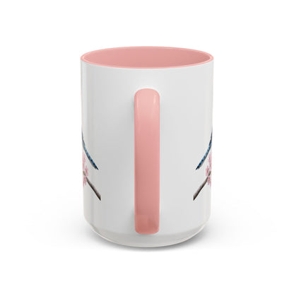 Blue Jay Cherry Blossom Mug | Pink Ceramic Coffee Cup for Bird Lovers