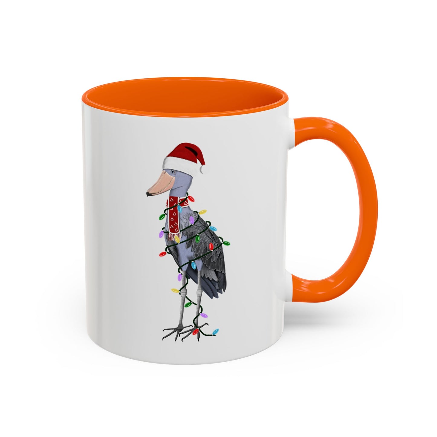 サンタクロースのハシビロコウとフェアリーライトの陶器製バードコーヒーマグ – バードウォッチャーへのカスタムギフト