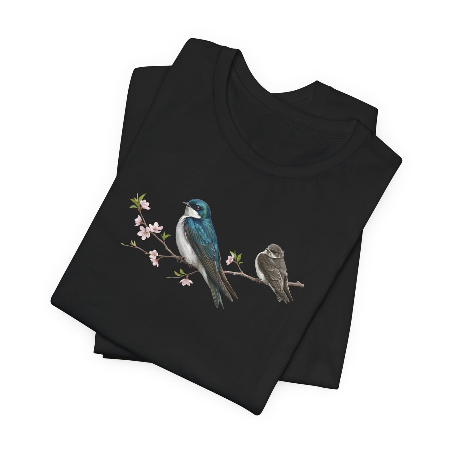 Tree Swallow & Fledgling T-Shirt | Spring Blossoms Unisex Graphic Tee