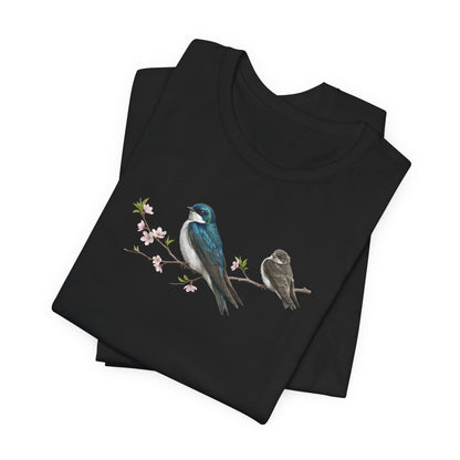 Tree Swallow & Fledgling T-Shirt | Spring Blossoms Unisex Graphic Tee