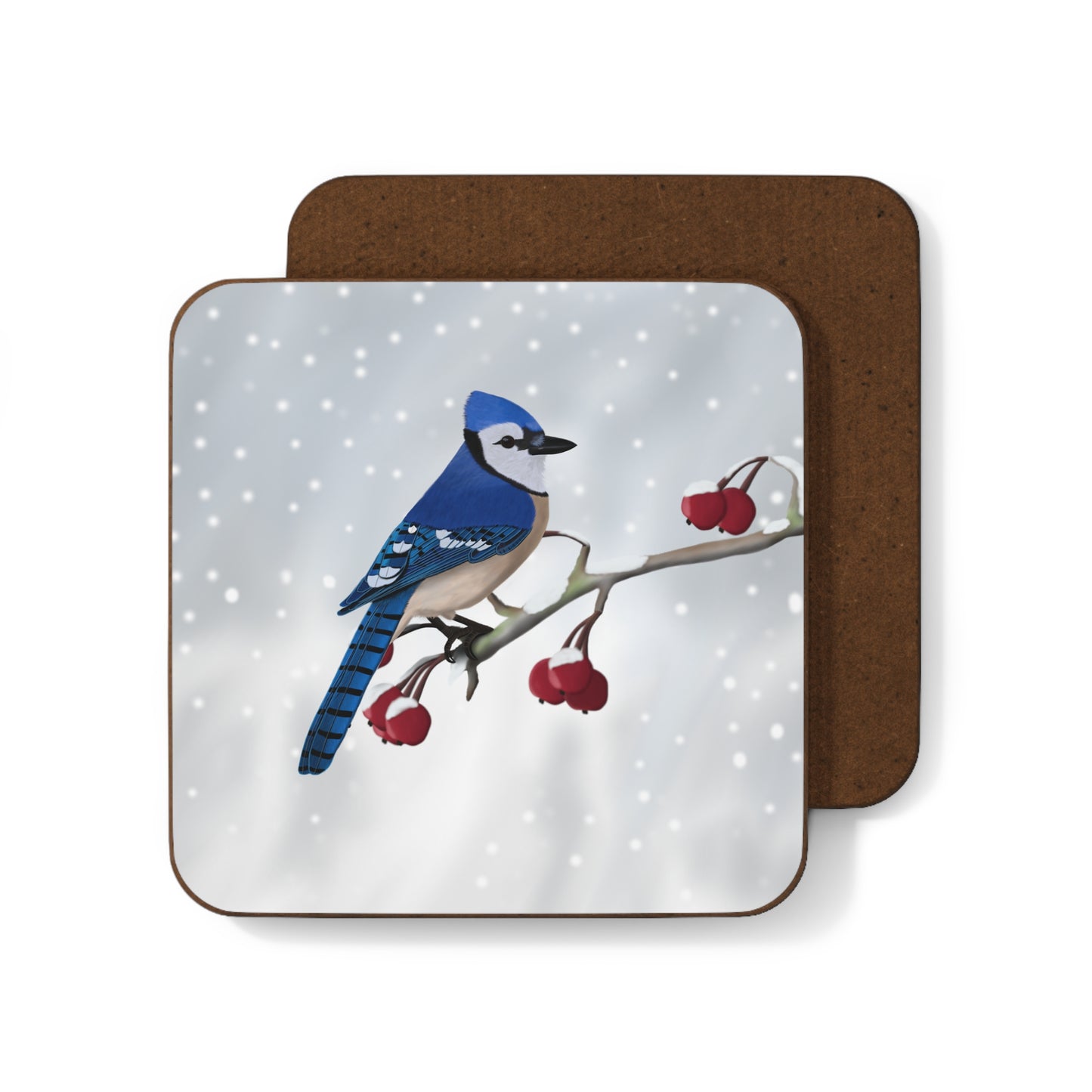 Blue Jay on a Winter Branch Christmas Bird Hardboard Coaster