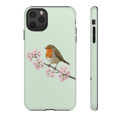 Rotkehlchen Handyhülle in Salbeigrün | Florales Kirschblüten Vogel-Motiv für iPhone & Google Pixel