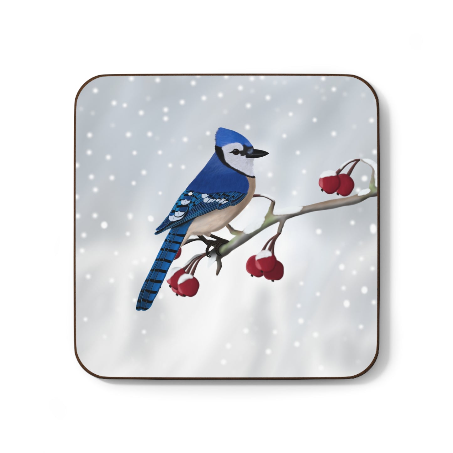 Blue Jay on a Winter Branch Christmas Hardboard Coaster