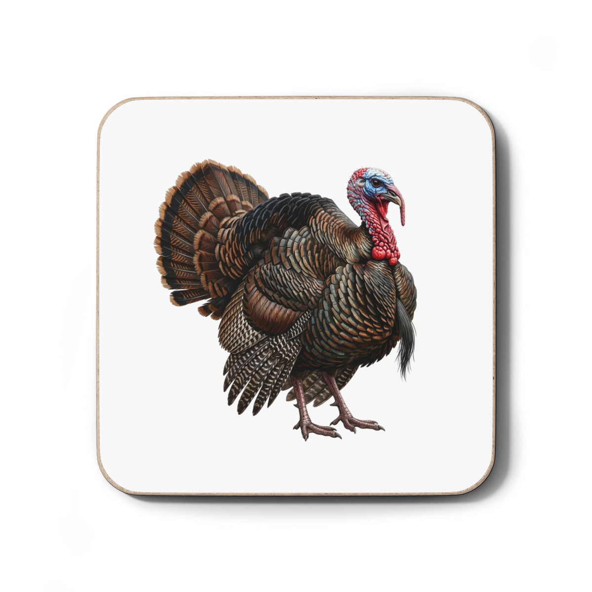 A square coaster with rounded corners featuring a detailed illustration of a male wild turkey on a white background, with a thin brown border.