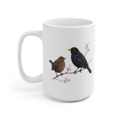 Amsel mit Ästling Premium Keramiktasse | Geschenk für Vogelbeobachter