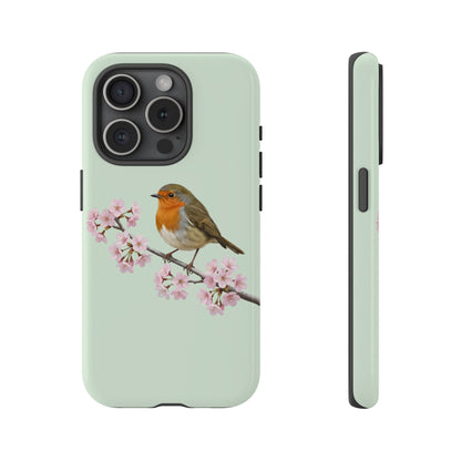 Rotkehlchen Handyhülle in Salbeigrün | Florales Kirschblüten Vogel-Motiv für iPhone & Google Pixel