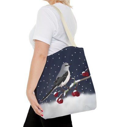 Mockingbird on a Winter Branch Christmas Bird Tote Bag 16"x16"