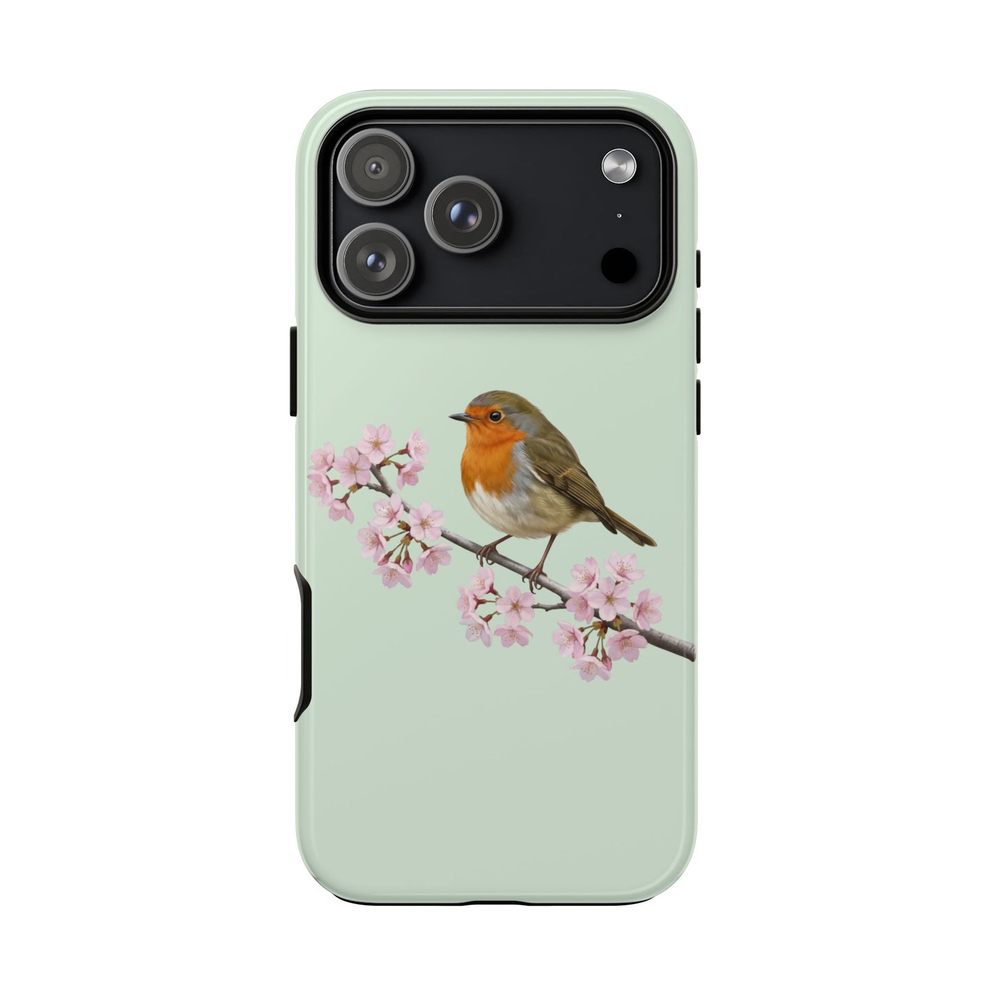Rotkehlchen Handyhülle in Salbeigrün | Florales Kirschblüten Vogel-Motiv für iPhone & Google Pixel