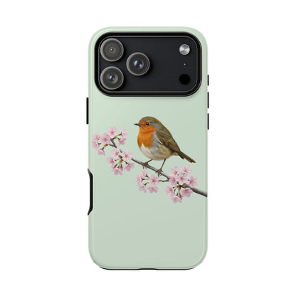 Rotkehlchen Handyhülle in Salbeigrün | Florales Kirschblüten Vogel-Motiv für iPhone & Google Pixel
