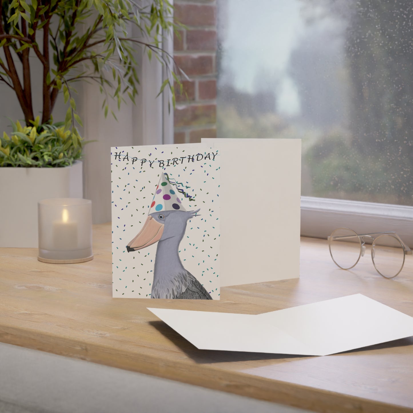 Shoebill with Party Hat Birthday Card – Premium Matte Bird Greeting Card